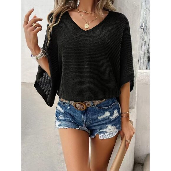 Women's Short Sleeve Knit Top Viscose Hollow Out Summer Beach Coverup - Picture 2 of 7